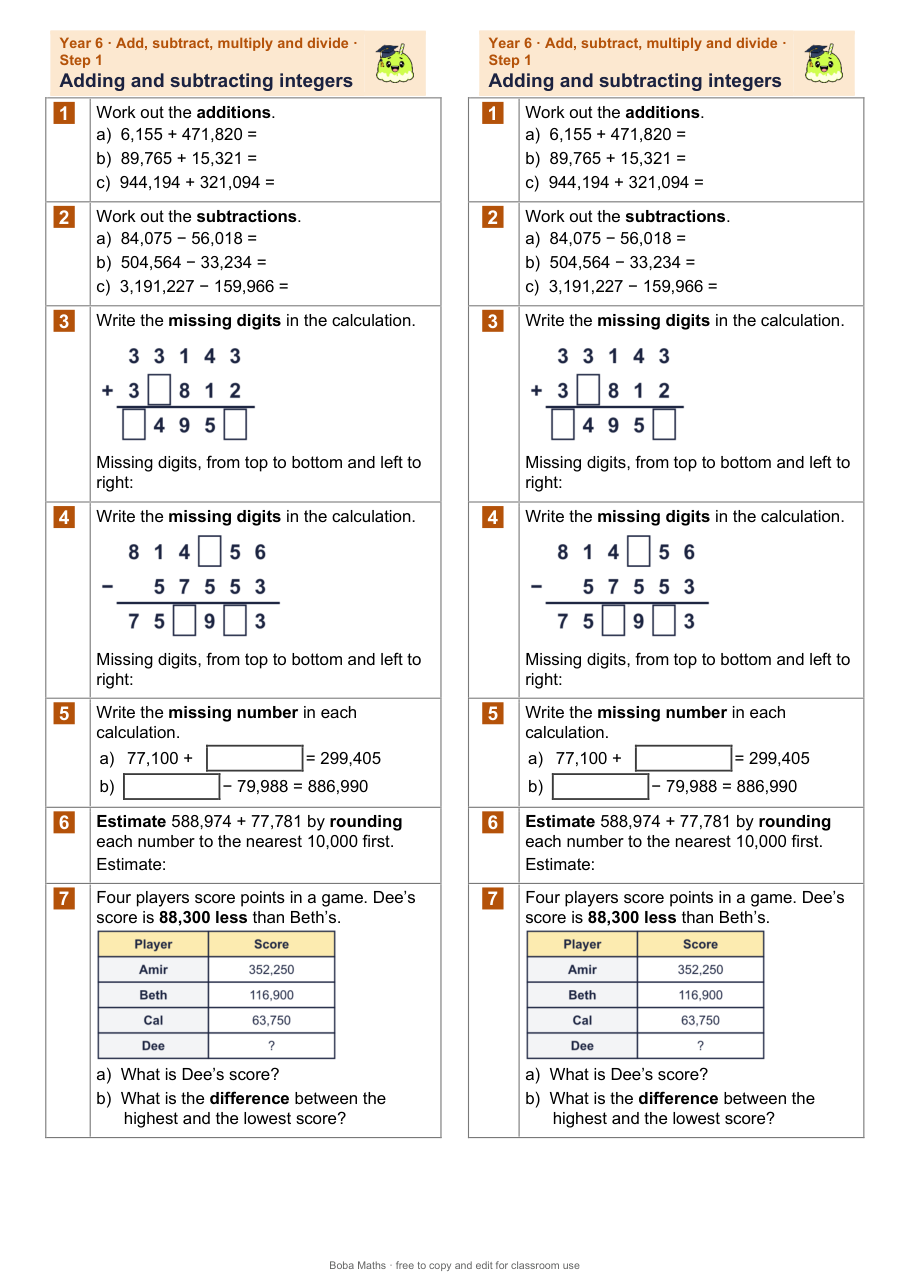 First page of the not scaffolded Adding and subtracting integers sheet, printed twice side by side