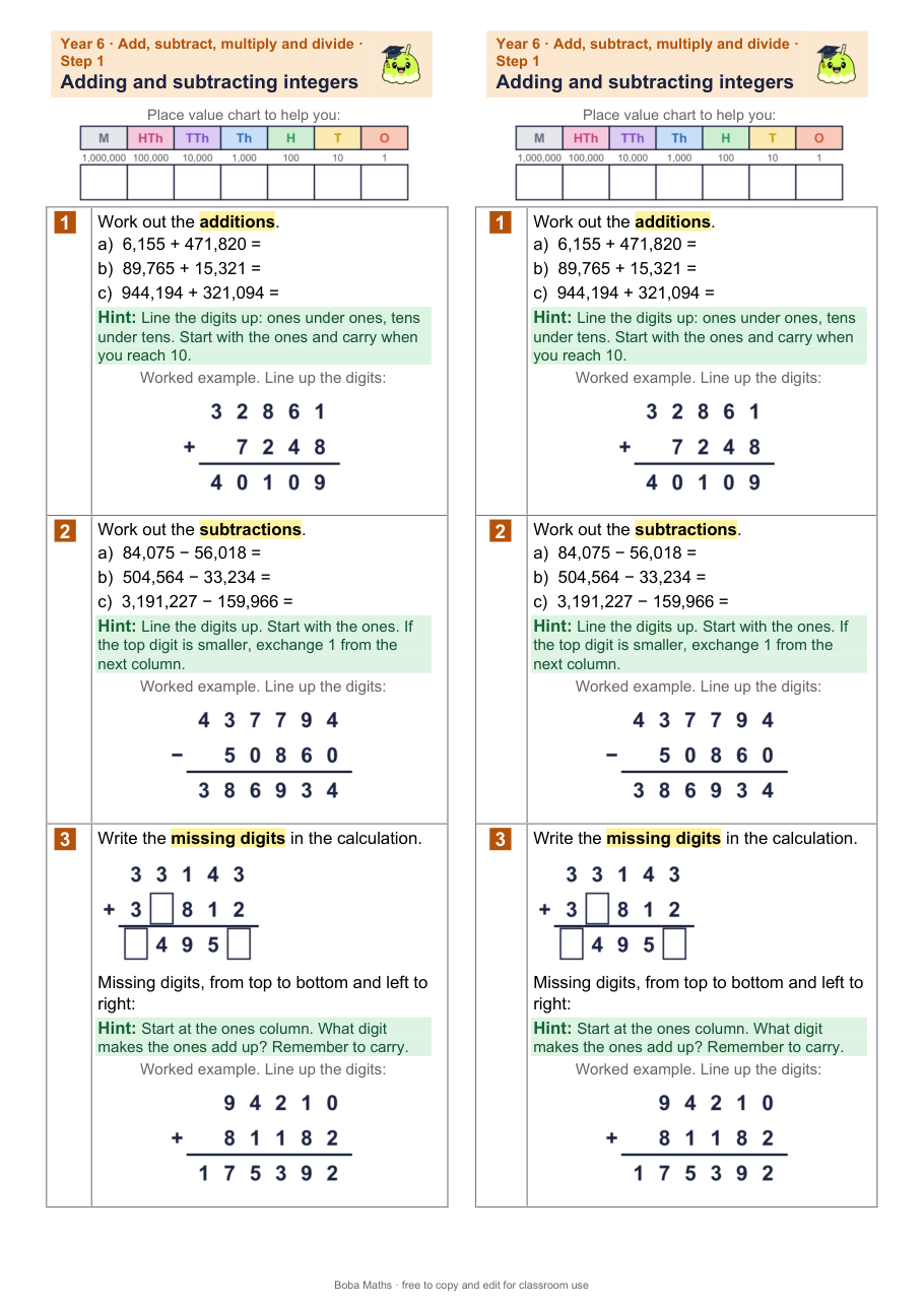 First page of the scaffolded Adding and subtracting integers sheet, printed twice side by side