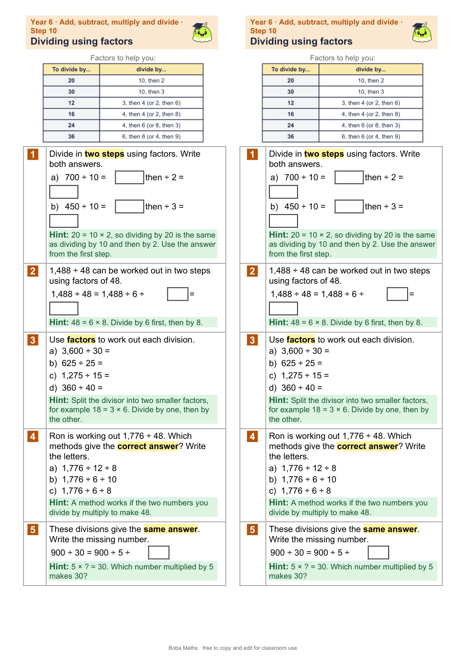 First page of the scaffolded Dividing using factors sheet, printed twice side by side