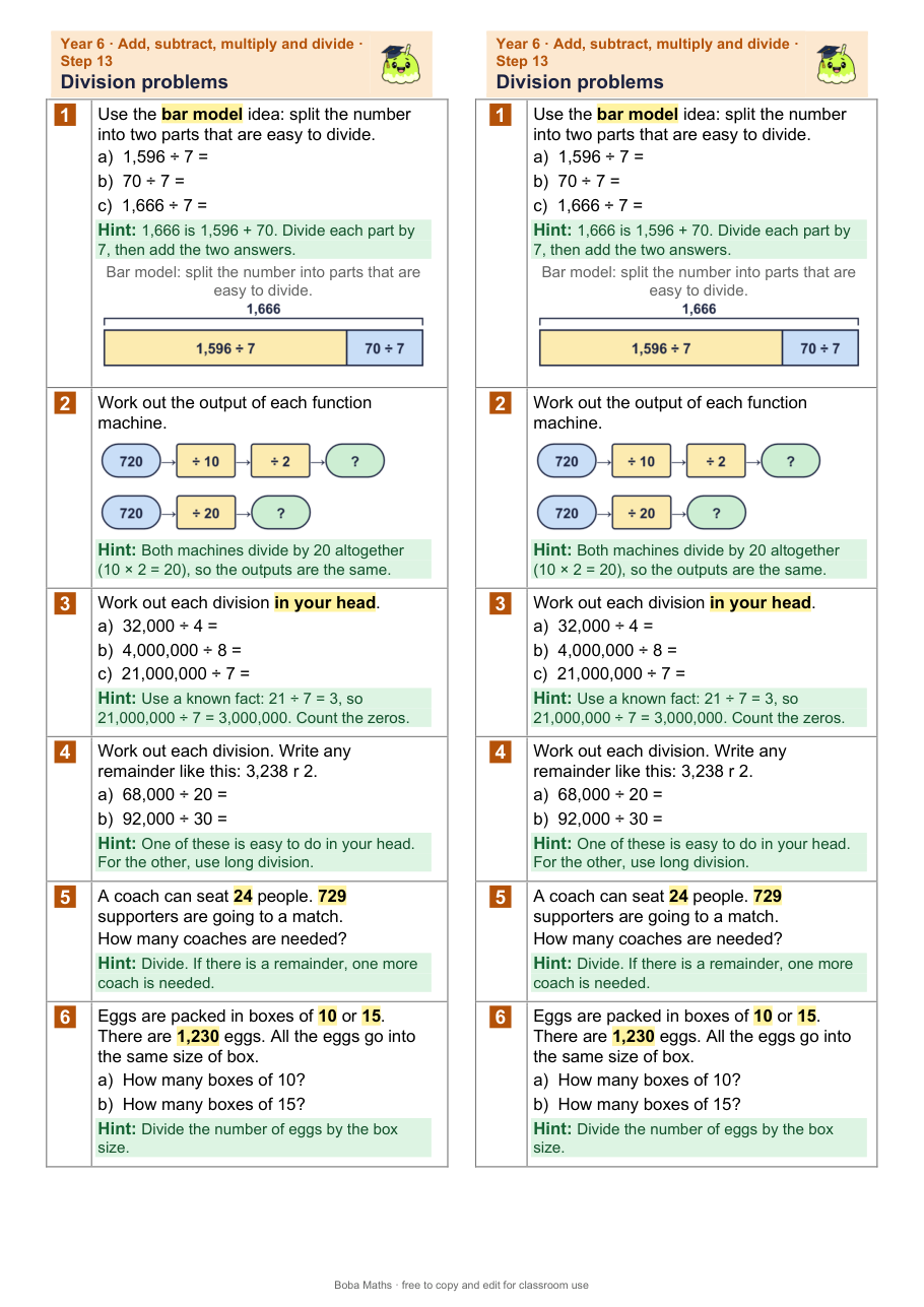 First page of the scaffolded Division problems sheet, printed twice side by side