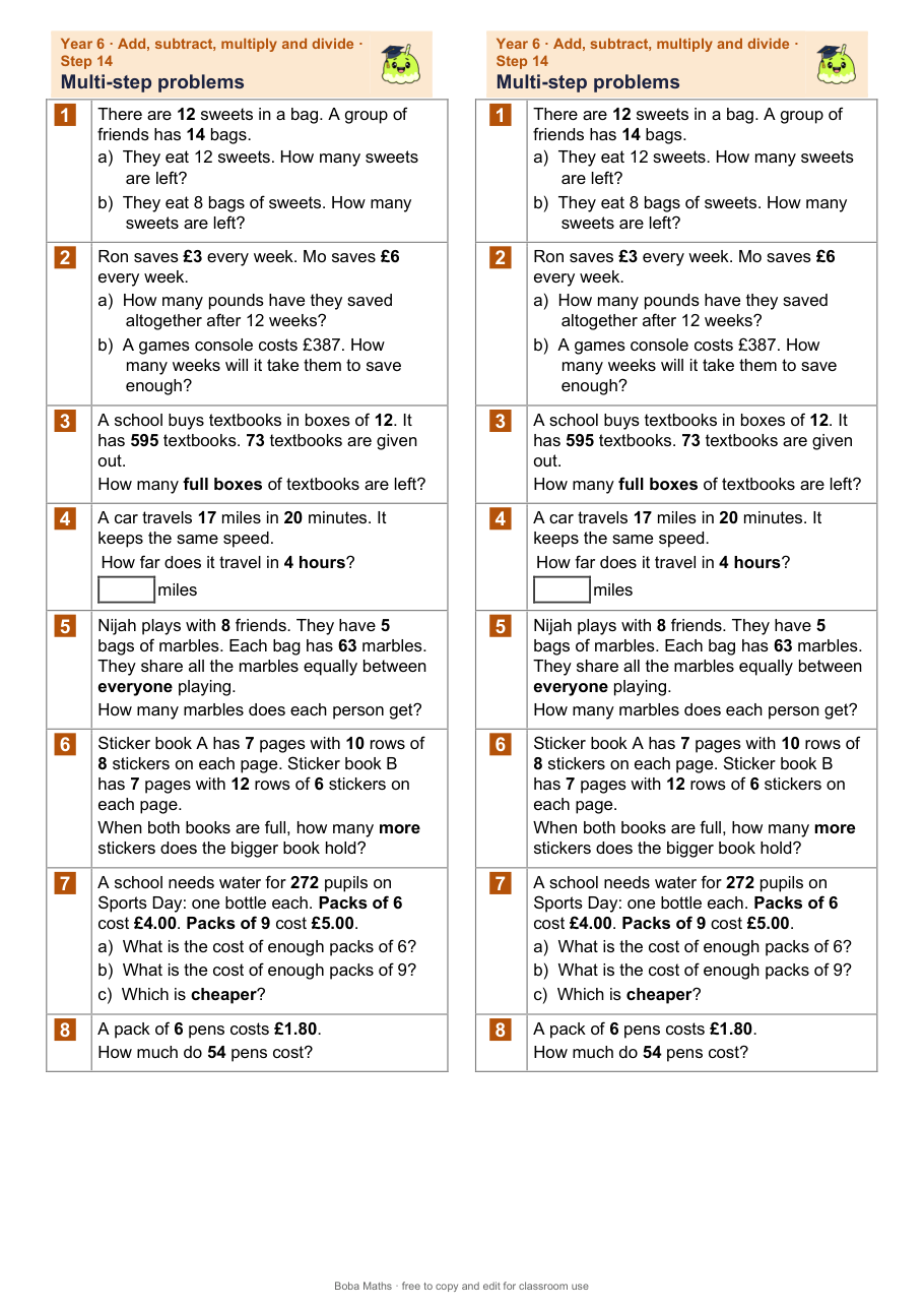 First page of the not scaffolded Multi-step problems sheet, printed twice side by side