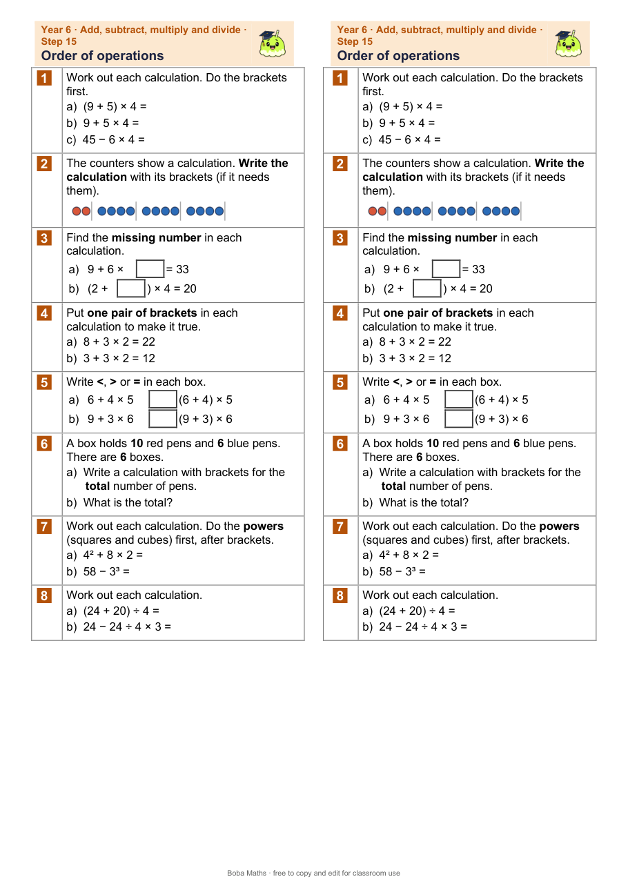 First page of the not scaffolded Order of operations sheet, printed twice side by side