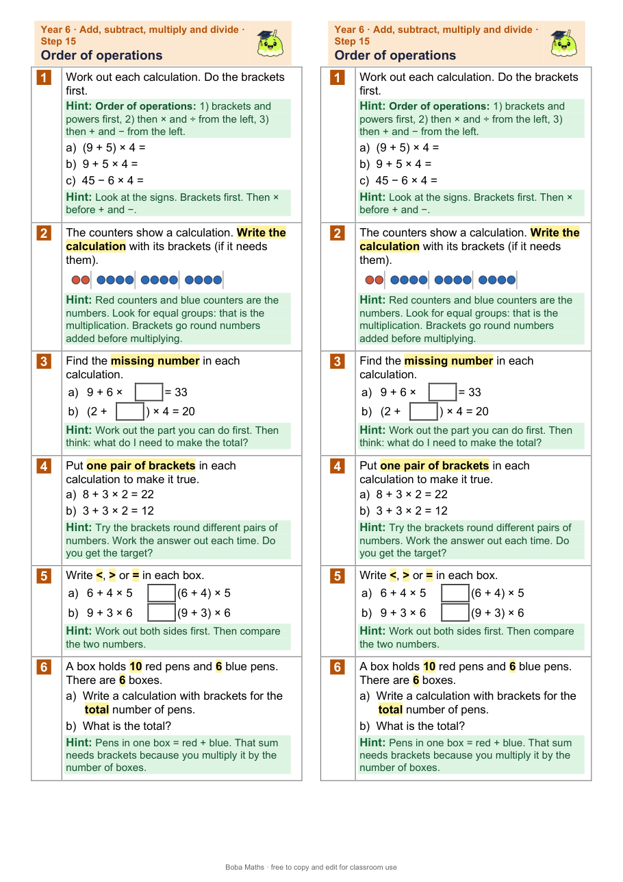 First page of the scaffolded Order of operations sheet, printed twice side by side