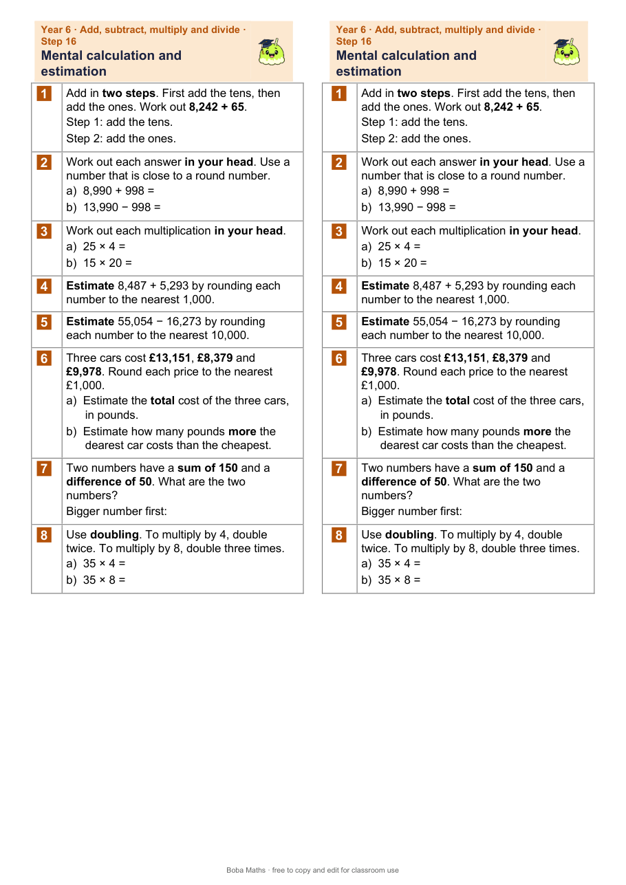 First page of the not scaffolded Mental calculation and estimation sheet, printed twice side by side