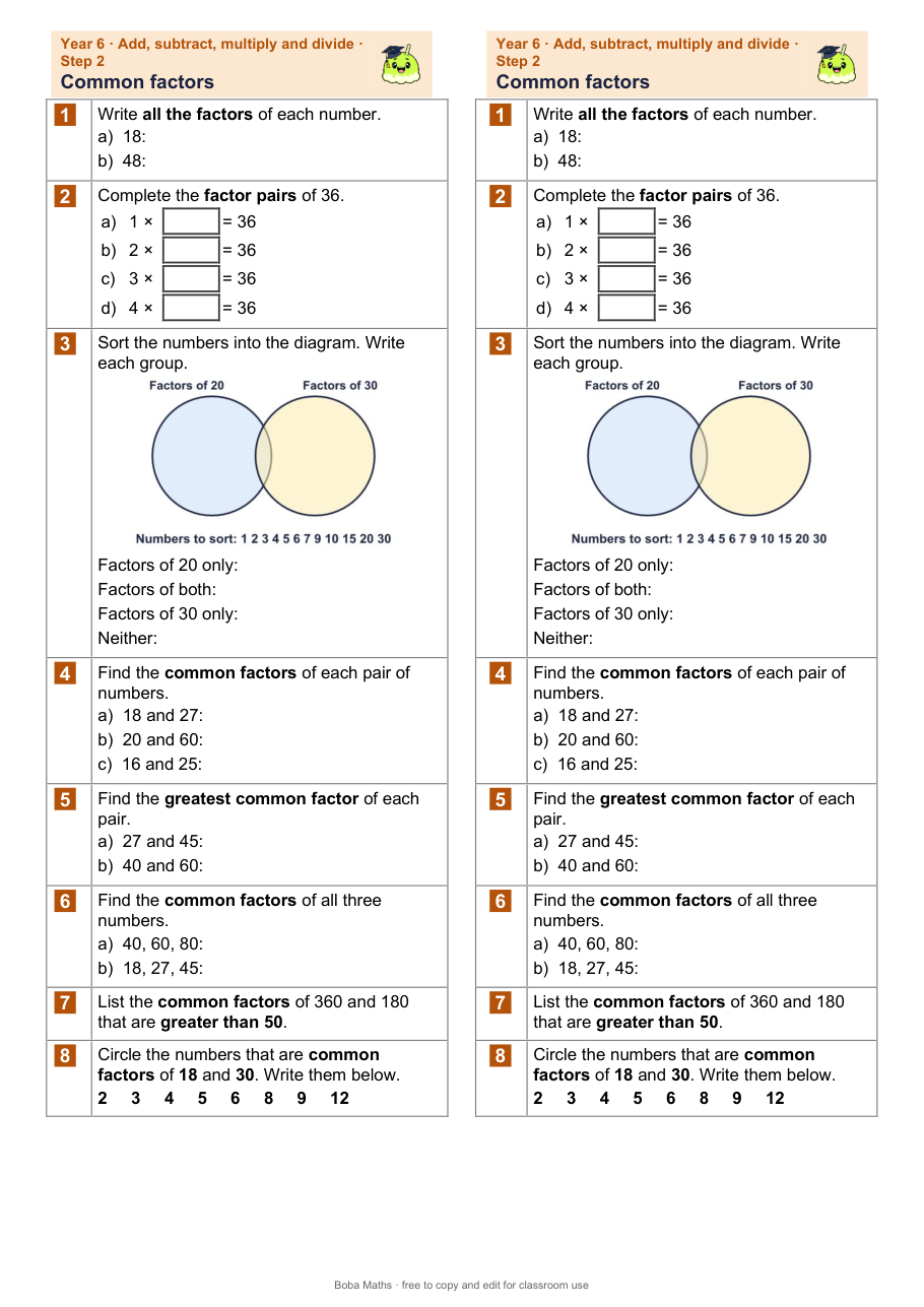 First page of the not scaffolded Common factors sheet, printed twice side by side