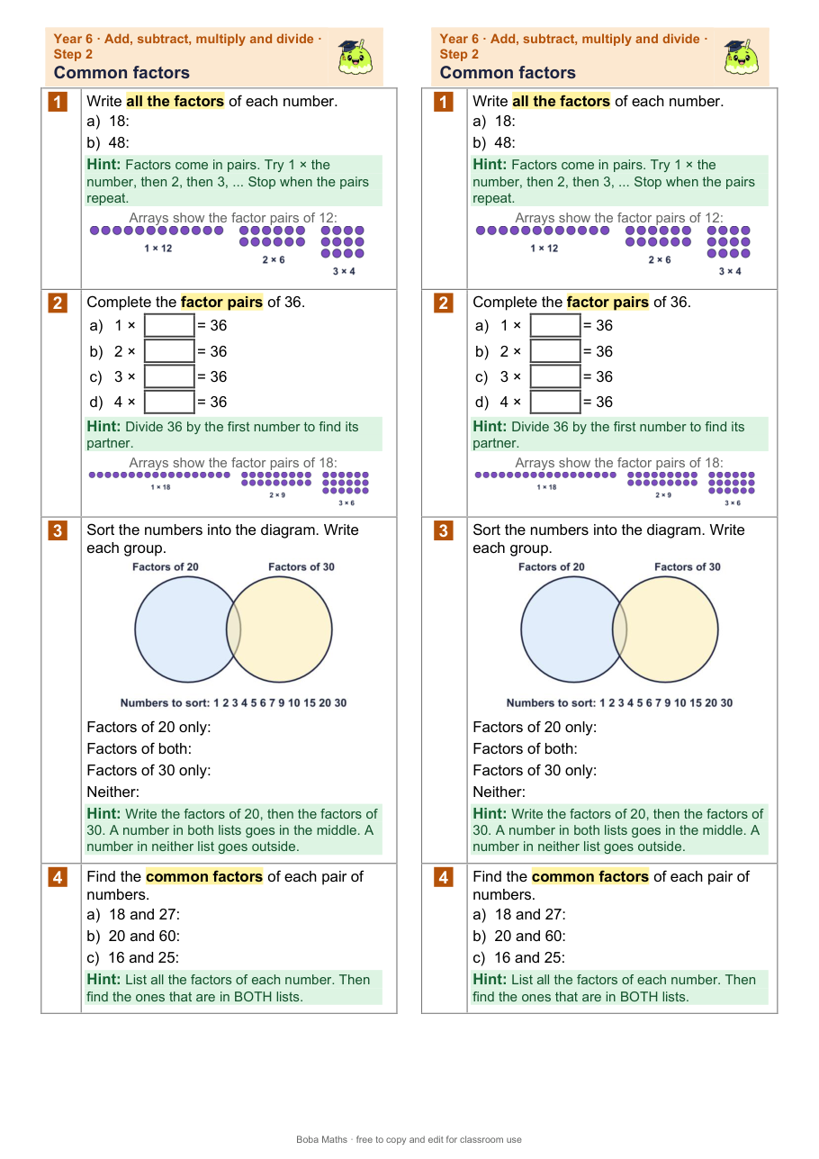 First page of the scaffolded Common factors sheet, printed twice side by side