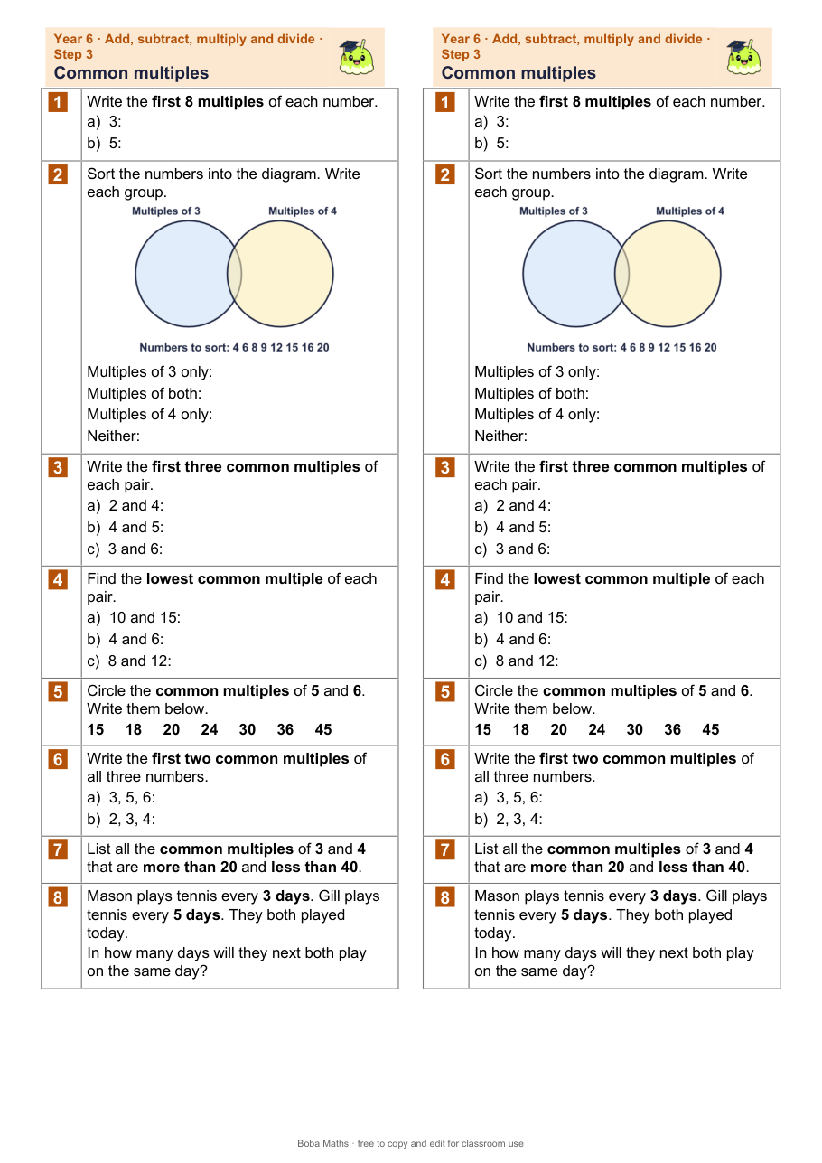 First page of the not scaffolded Common multiples sheet, printed twice side by side