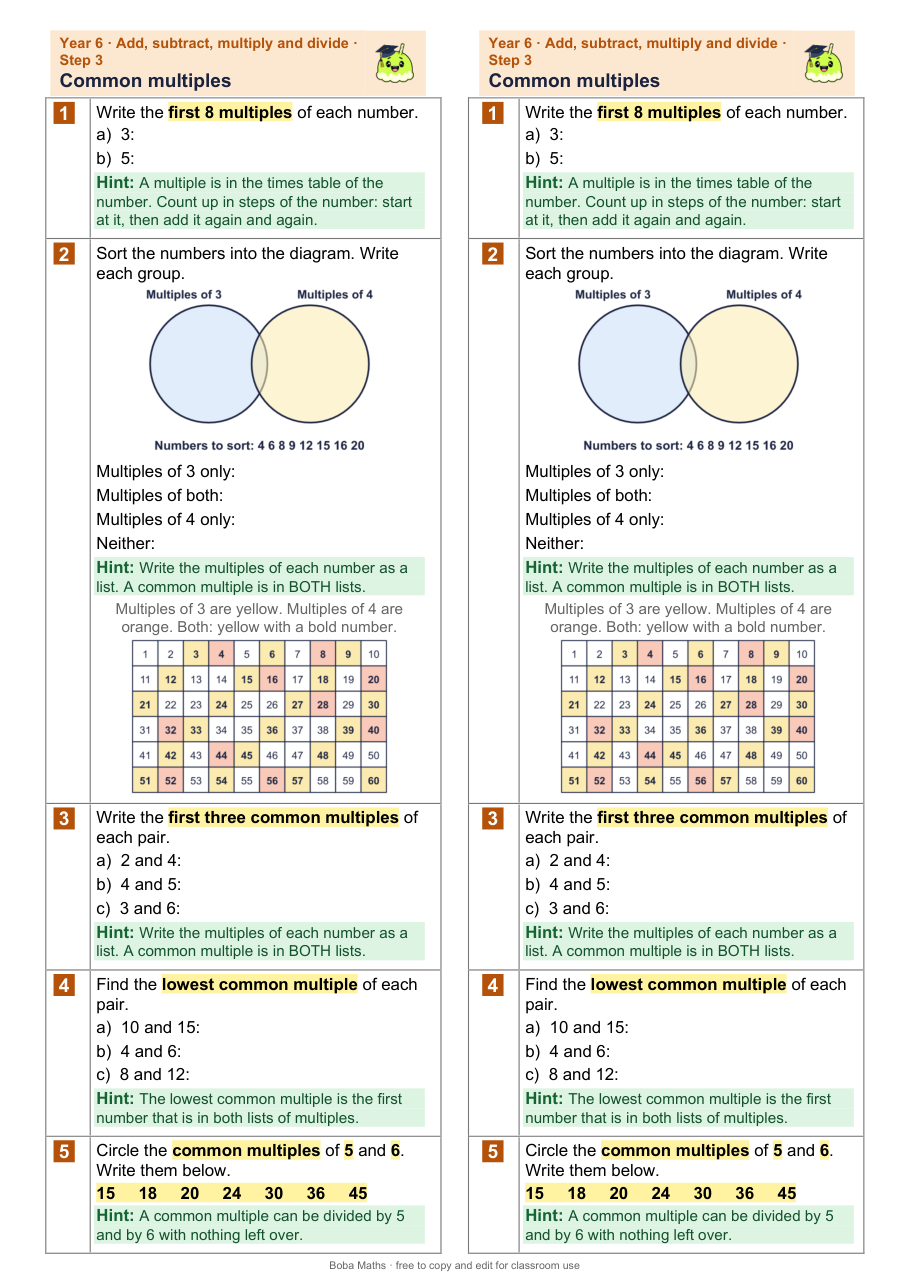 First page of the scaffolded Common multiples sheet, printed twice side by side