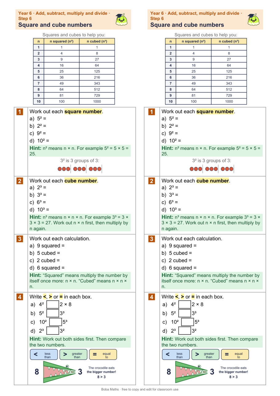 First page of the scaffolded Square and cube numbers sheet, printed twice side by side