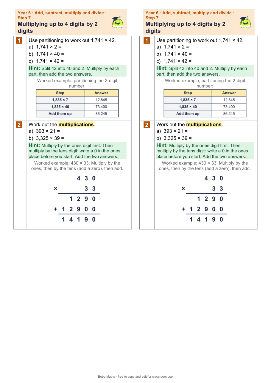 First page of the scaffolded Multiplying up to 4 digits by 2 digits sheet, printed twice side by side