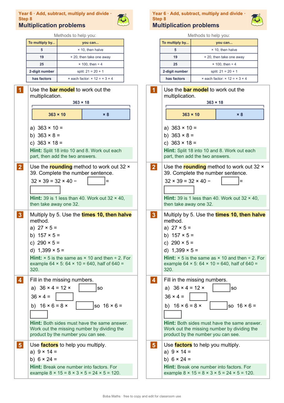 First page of the scaffolded Multiplication problems sheet, printed twice side by side