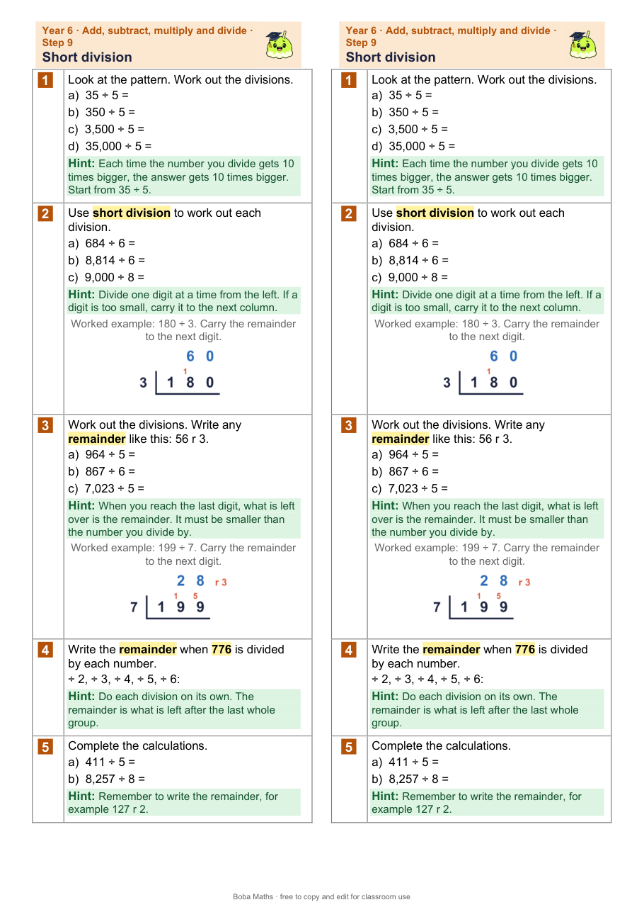 First page of the scaffolded Short division sheet, printed twice side by side