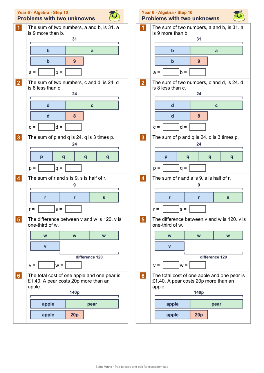 First page of the not scaffolded Problems with two unknowns sheet, printed twice side by side