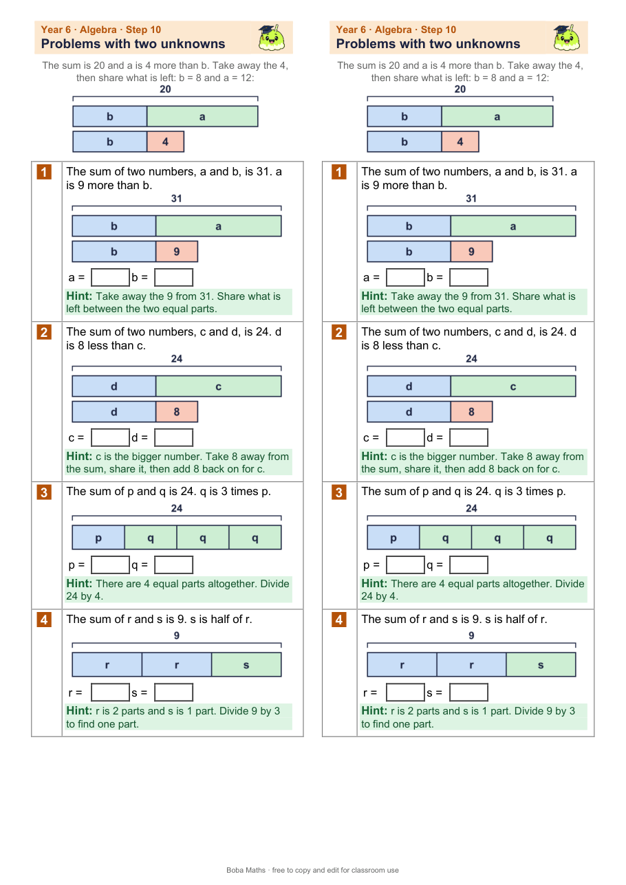 First page of the scaffolded Problems with two unknowns sheet, printed twice side by side