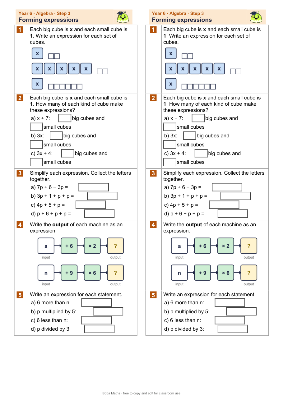First page of the not scaffolded Forming expressions sheet, printed twice side by side