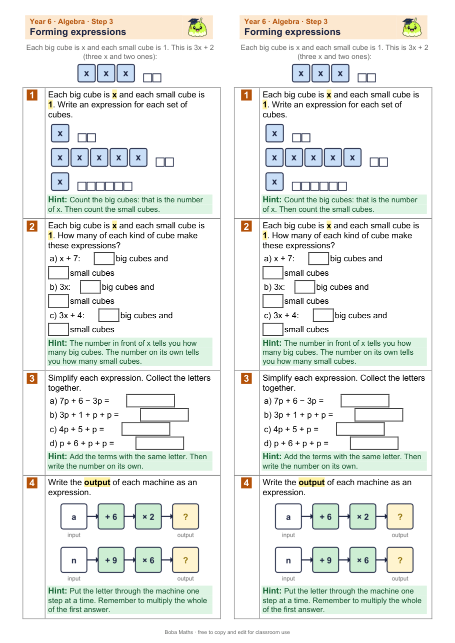 First page of the scaffolded Forming expressions sheet, printed twice side by side