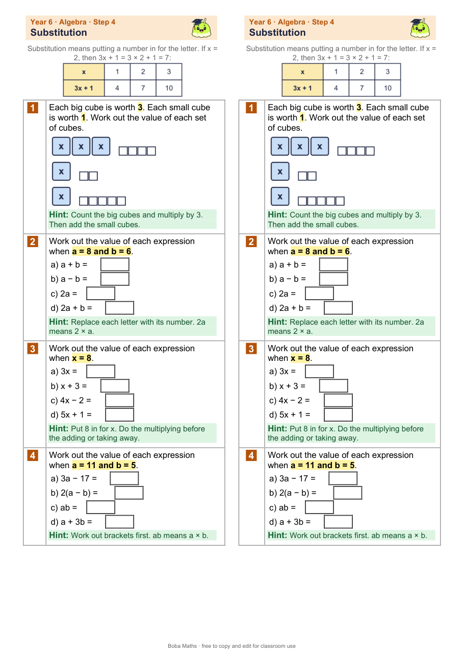First page of the scaffolded Substitution sheet, printed twice side by side