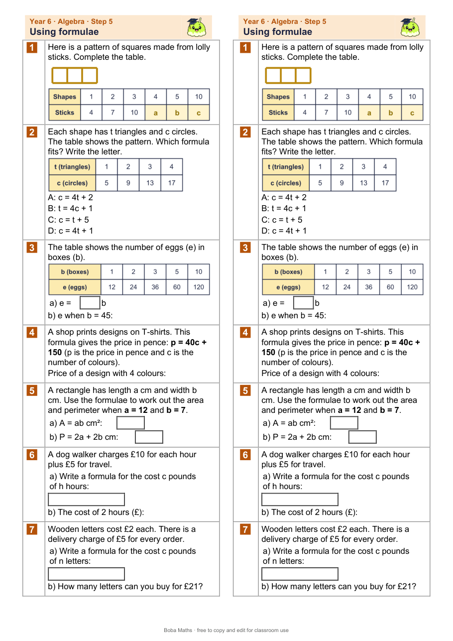 First page of the not scaffolded Using formulae sheet, printed twice side by side