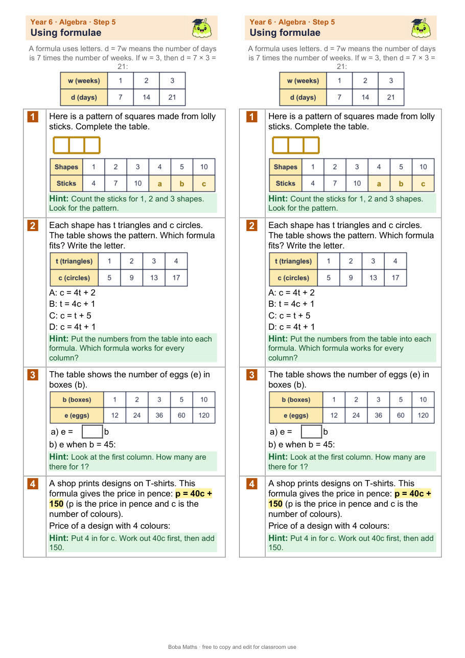 First page of the scaffolded Using formulae sheet, printed twice side by side
