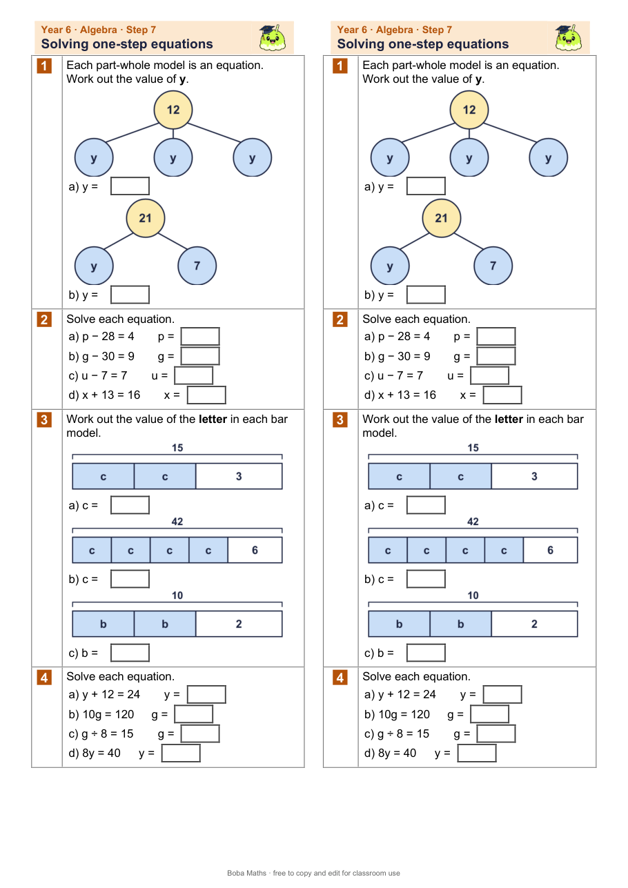 First page of the not scaffolded Solving one-step equations sheet, printed twice side by side