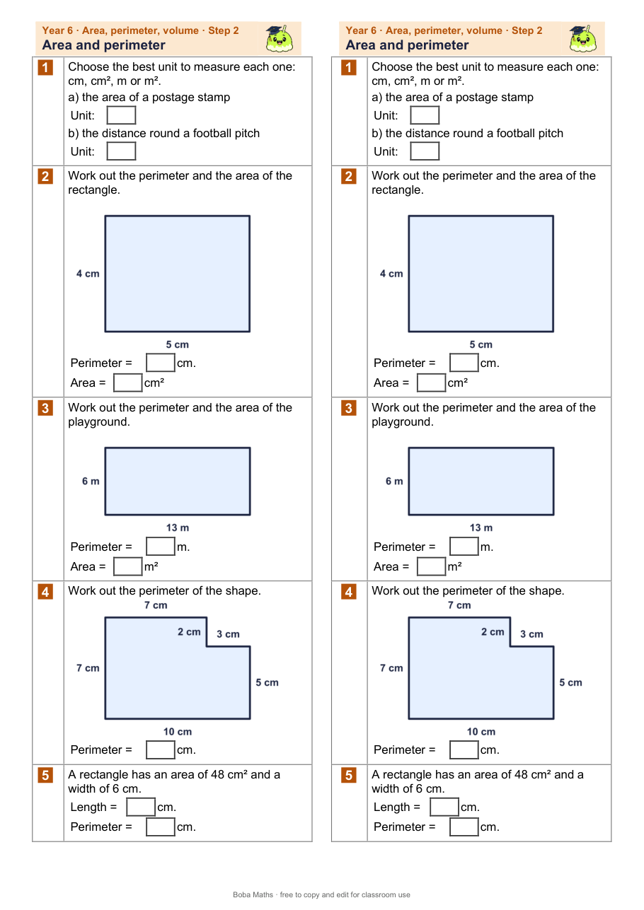First page of the not scaffolded Area and perimeter sheet, printed twice side by side