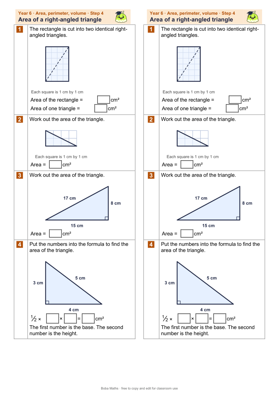 First page of the not scaffolded Area of a right-angled triangle sheet, printed twice side by side
