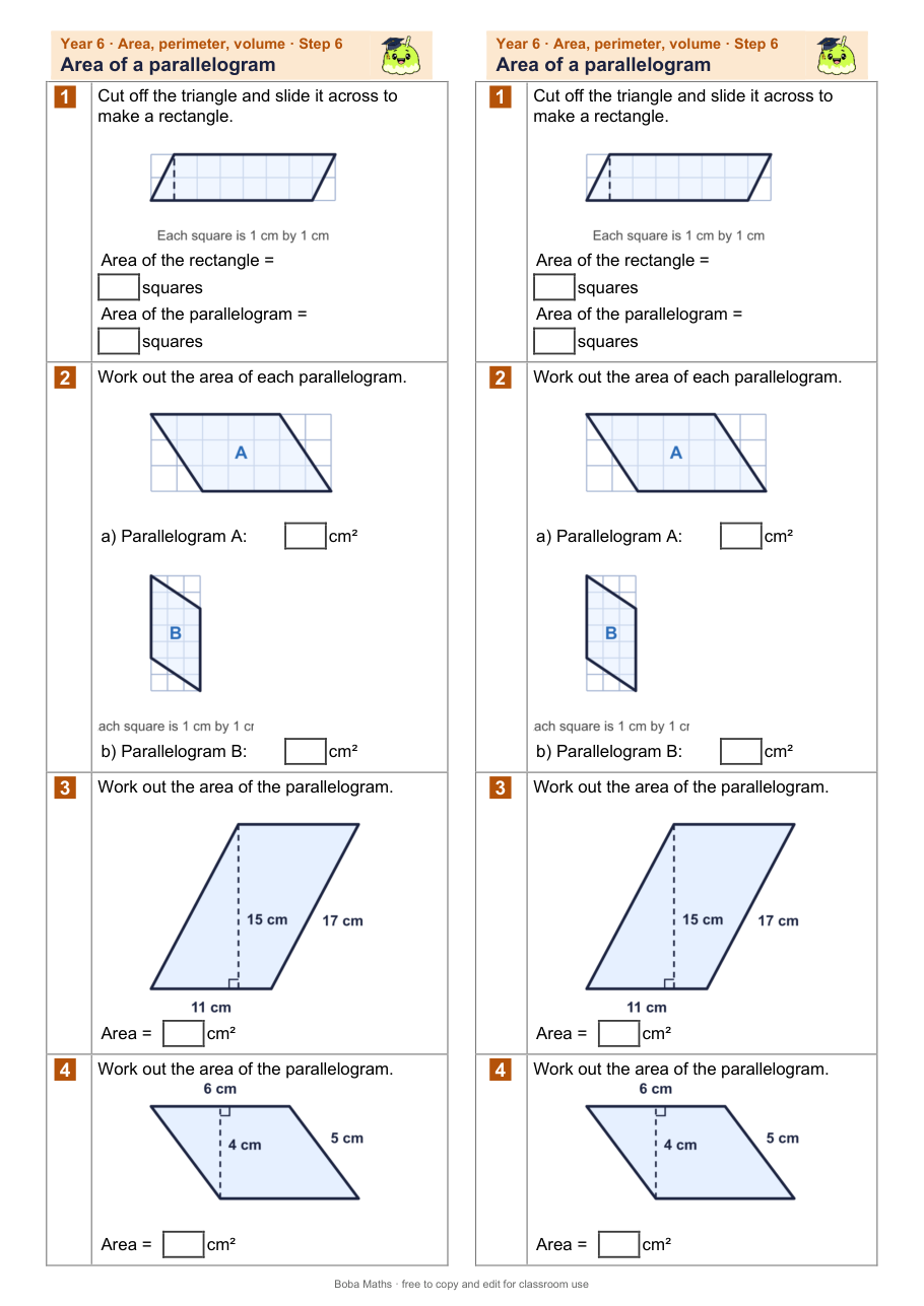First page of the not scaffolded Area of a parallelogram sheet, printed twice side by side