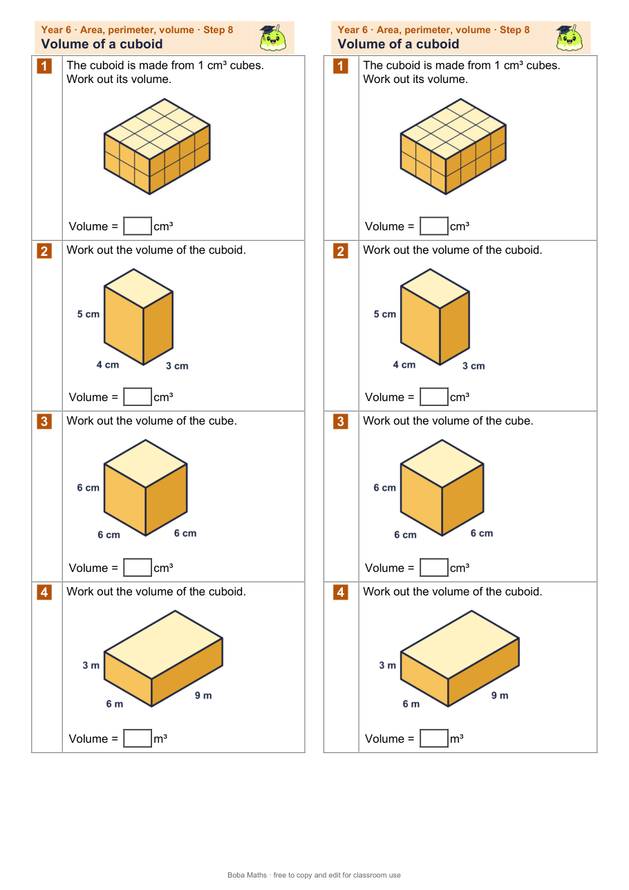 First page of the not scaffolded Volume of a cuboid sheet, printed twice side by side