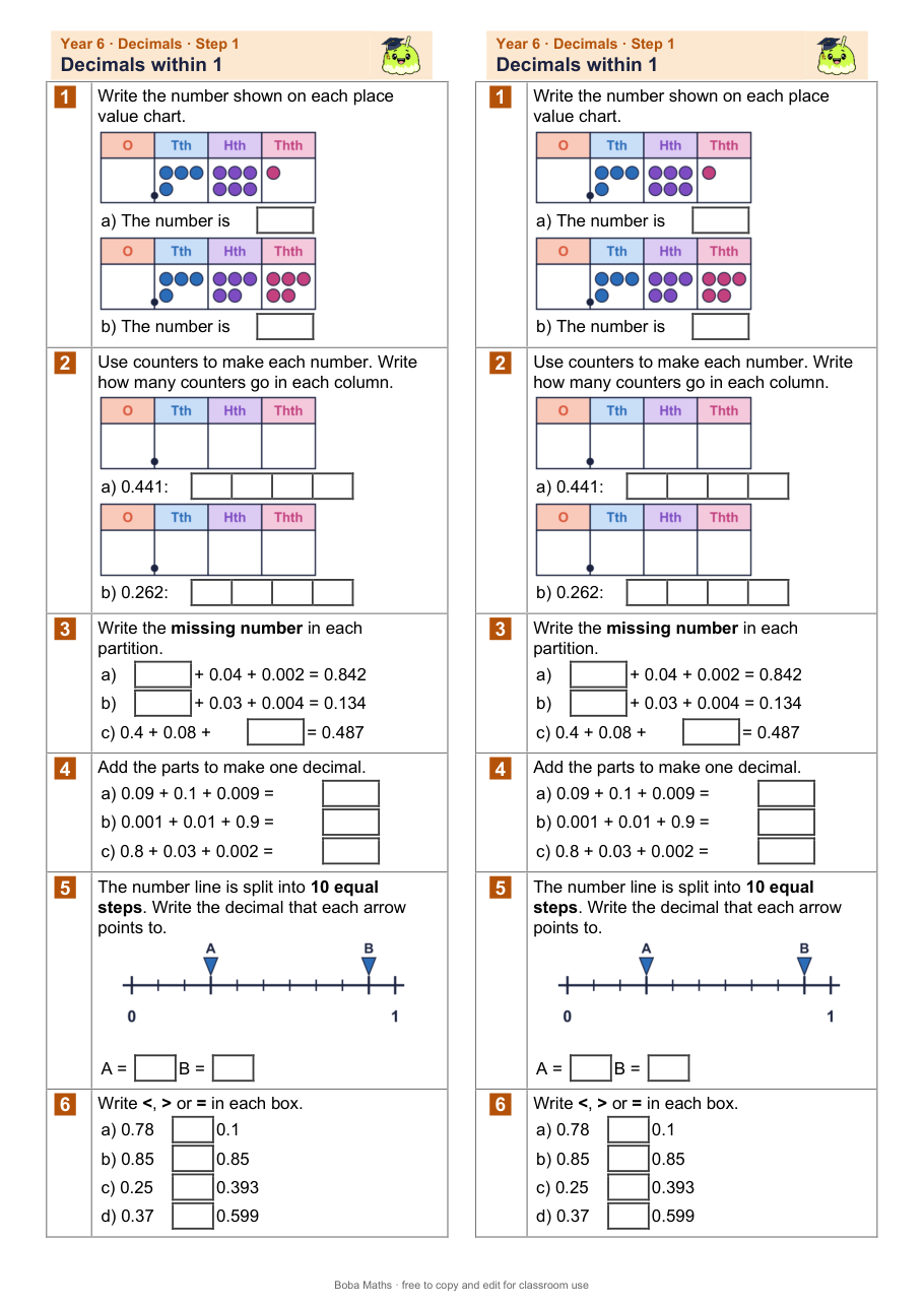 First page of the not scaffolded Decimals within 1 sheet, printed twice side by side