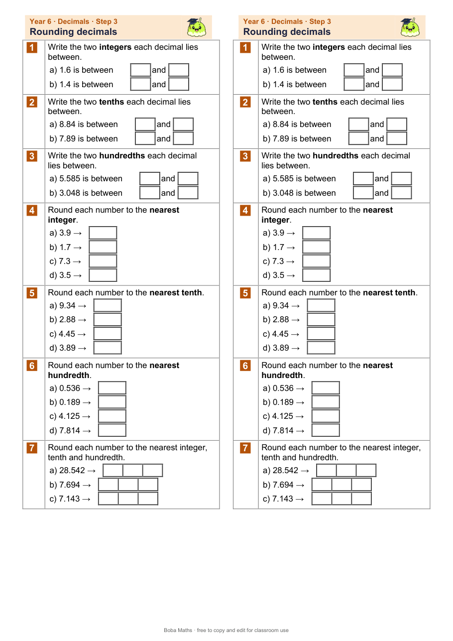 First page of the not scaffolded Rounding decimals sheet, printed twice side by side