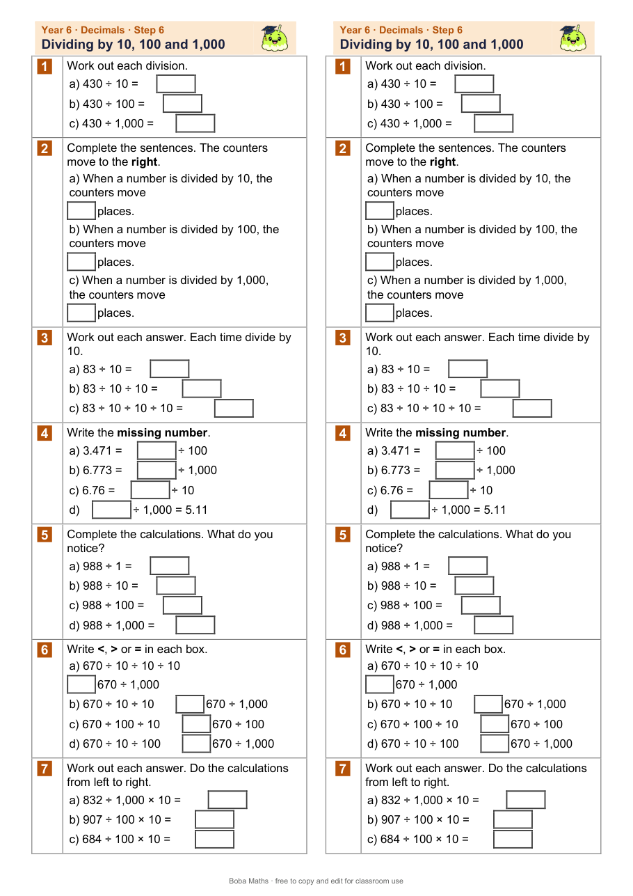 First page of the not scaffolded Dividing by 10, 100 and 1,000 sheet, printed twice side by side