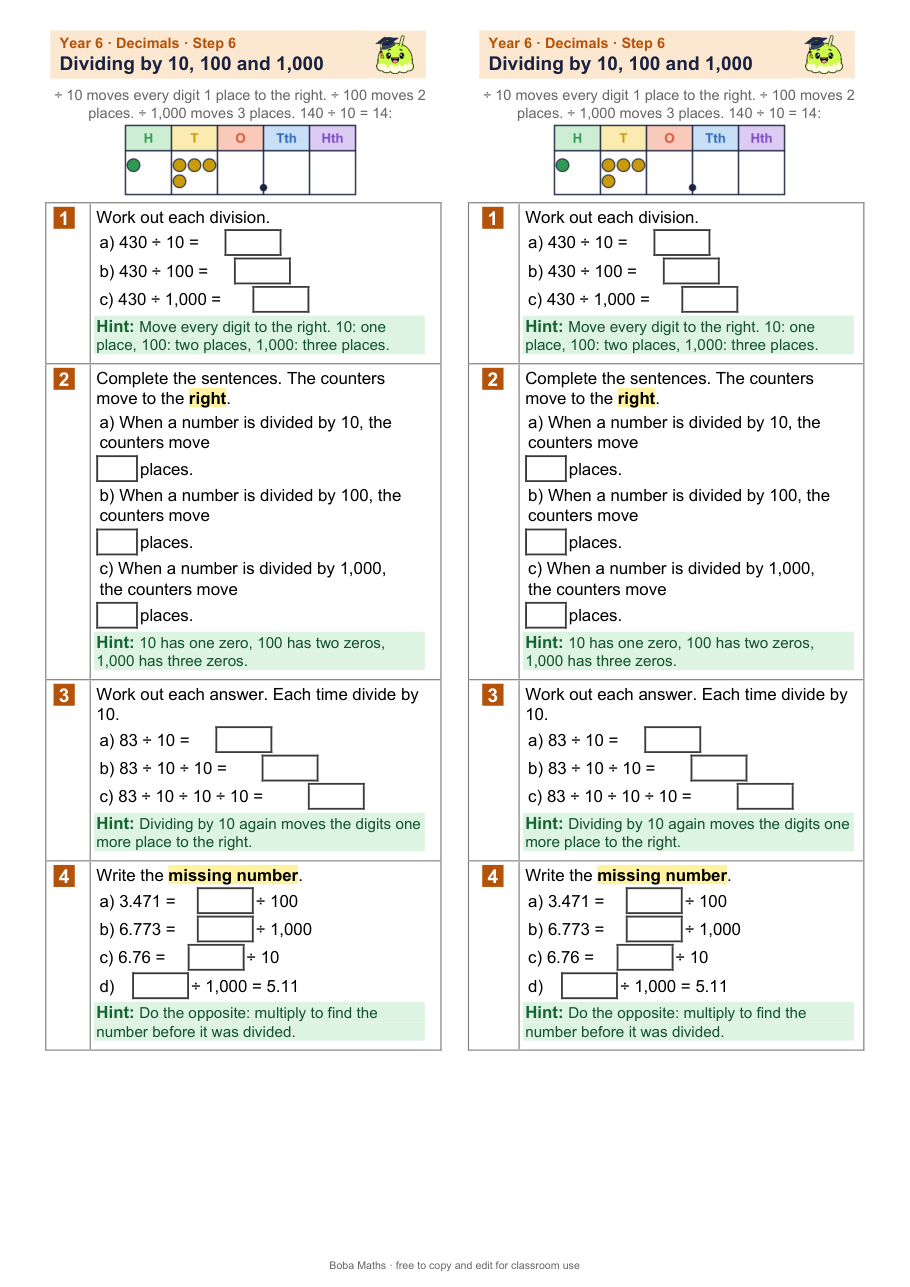 First page of the scaffolded Dividing by 10, 100 and 1,000 sheet, printed twice side by side