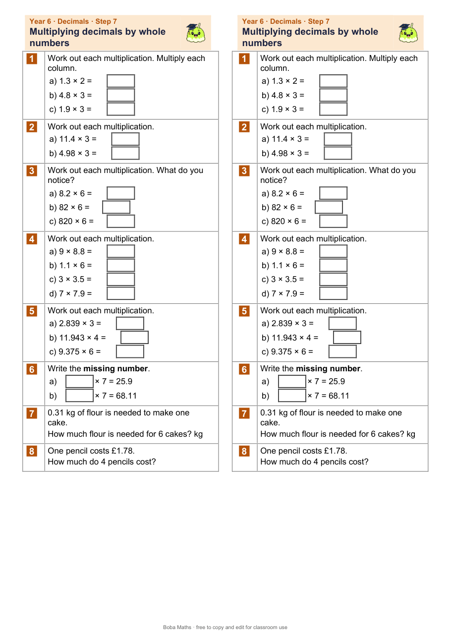 First page of the not scaffolded Multiplying decimals by whole numbers sheet, printed twice side by side