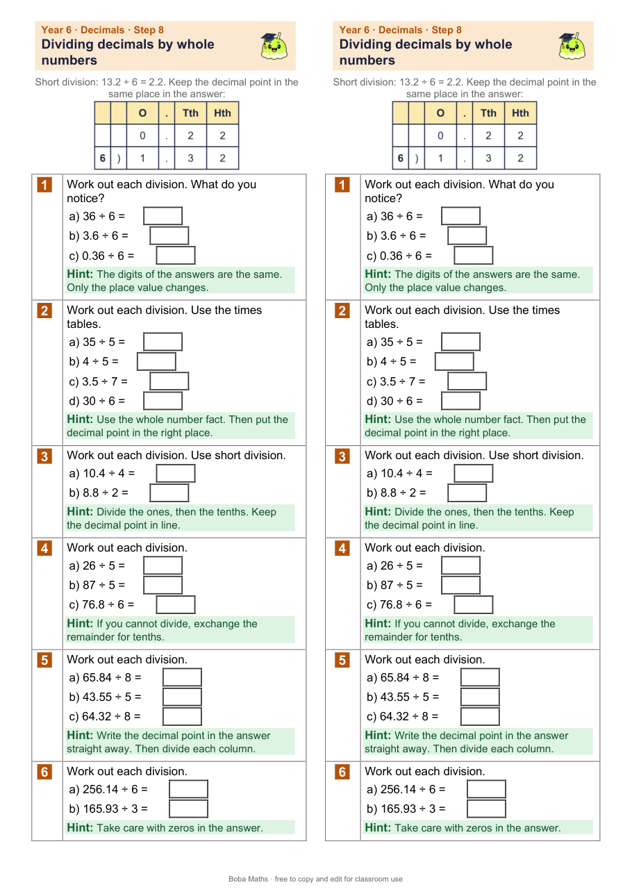 First page of the scaffolded Dividing decimals by whole numbers sheet, printed twice side by side