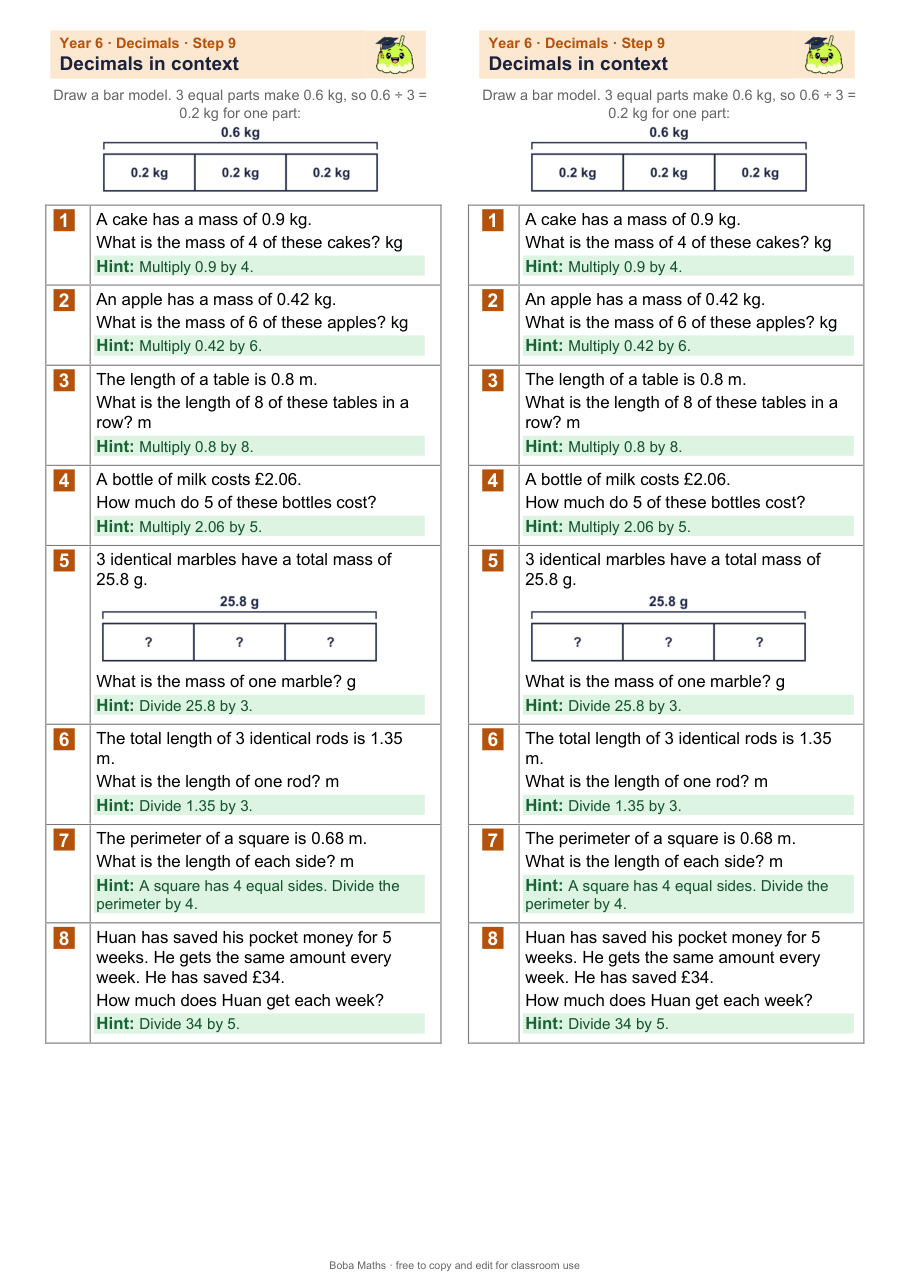 First page of the scaffolded Decimals in context sheet, printed twice side by side