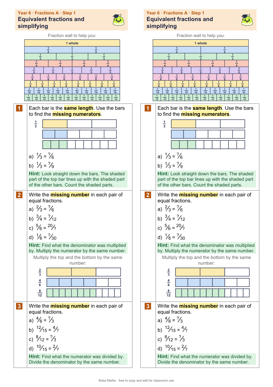 First page of the scaffolded Equivalent fractions and simplifying sheet, printed twice side by side