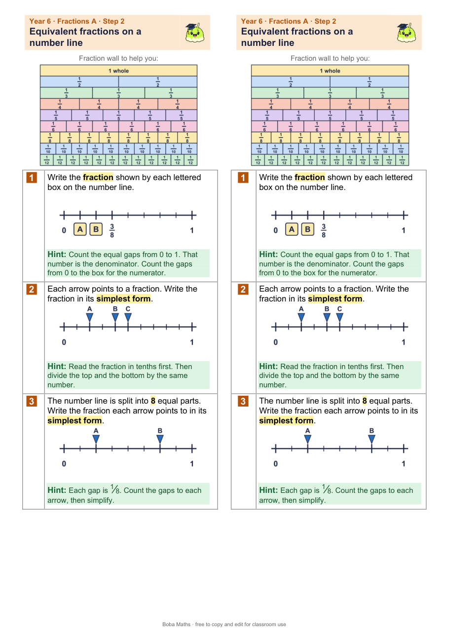 First page of the scaffolded Equivalent fractions on a number line sheet, printed twice side by side