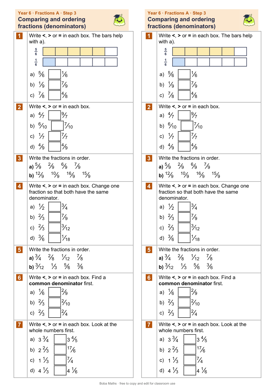 First page of the not scaffolded Comparing and ordering fractions (denominators) sheet, printed twice side by side
