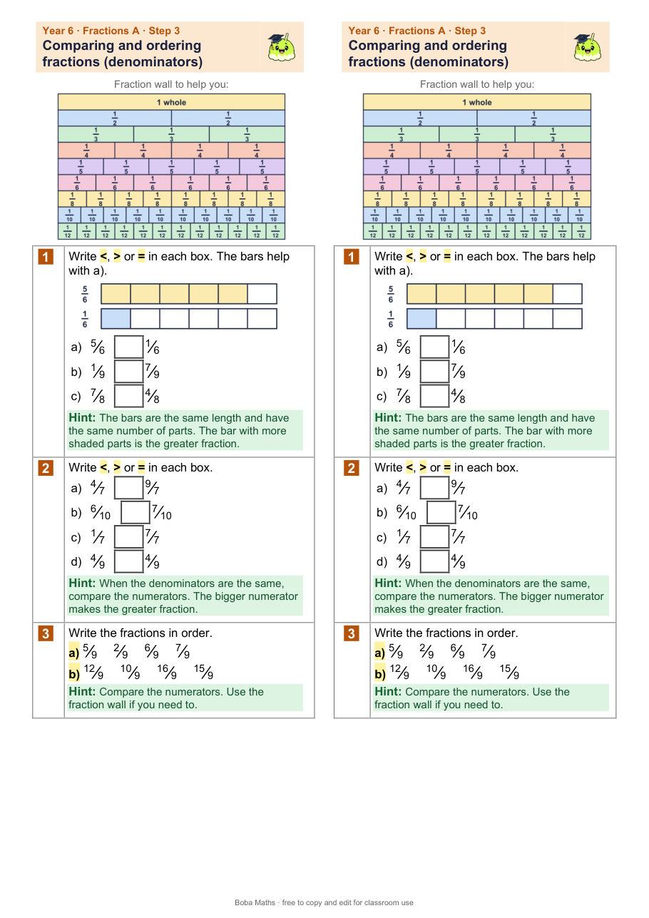 First page of the scaffolded Comparing and ordering fractions (denominators) sheet, printed twice side by side