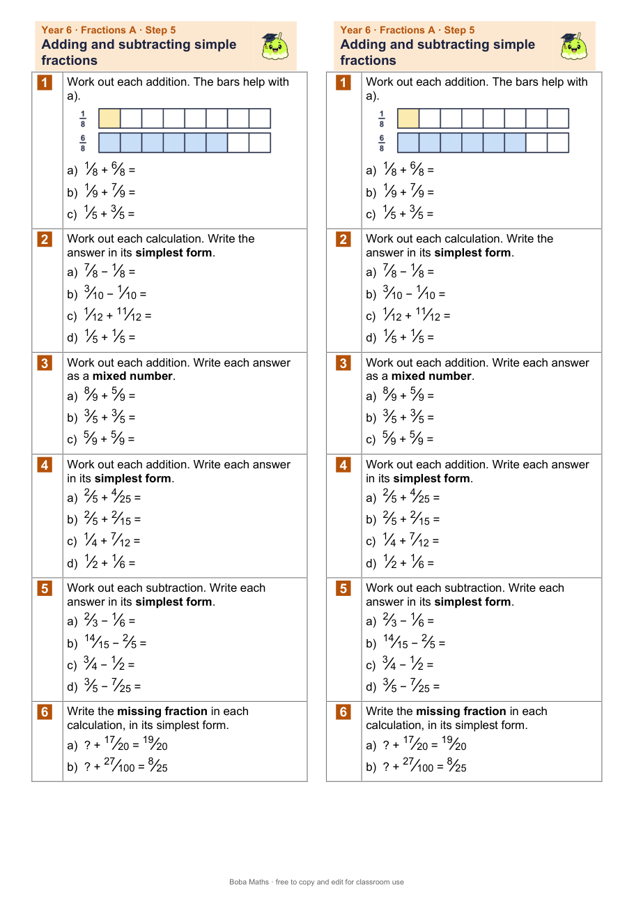First page of the not scaffolded Adding and subtracting simple fractions sheet, printed twice side by side