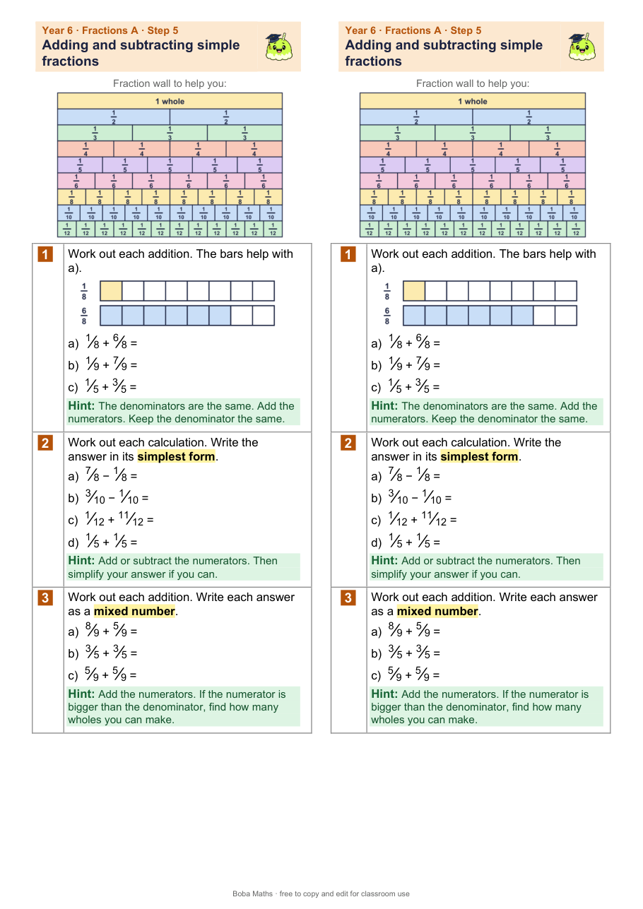 First page of the scaffolded Adding and subtracting simple fractions sheet, printed twice side by side