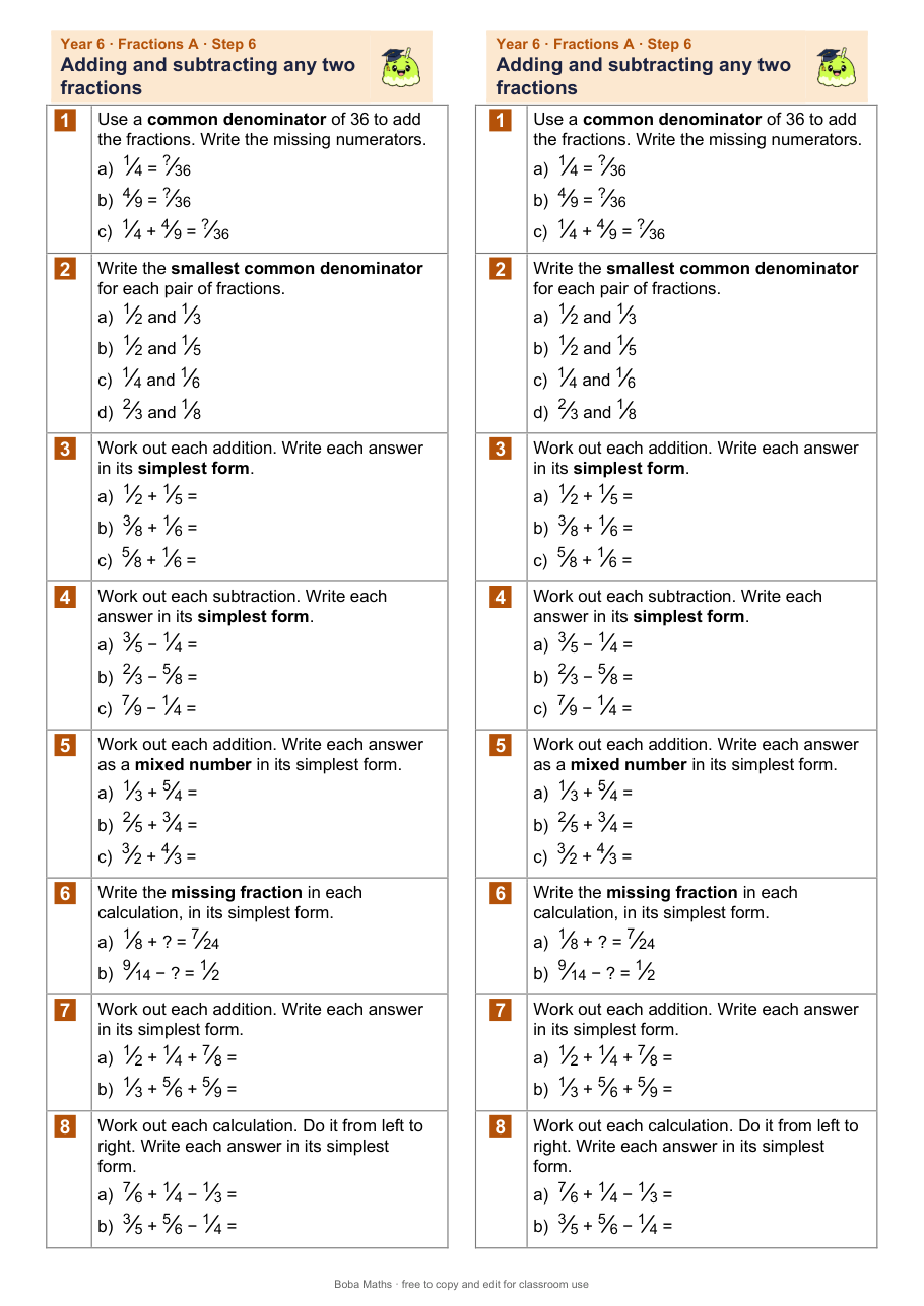 First page of the not scaffolded Adding and subtracting any two fractions sheet, printed twice side by side