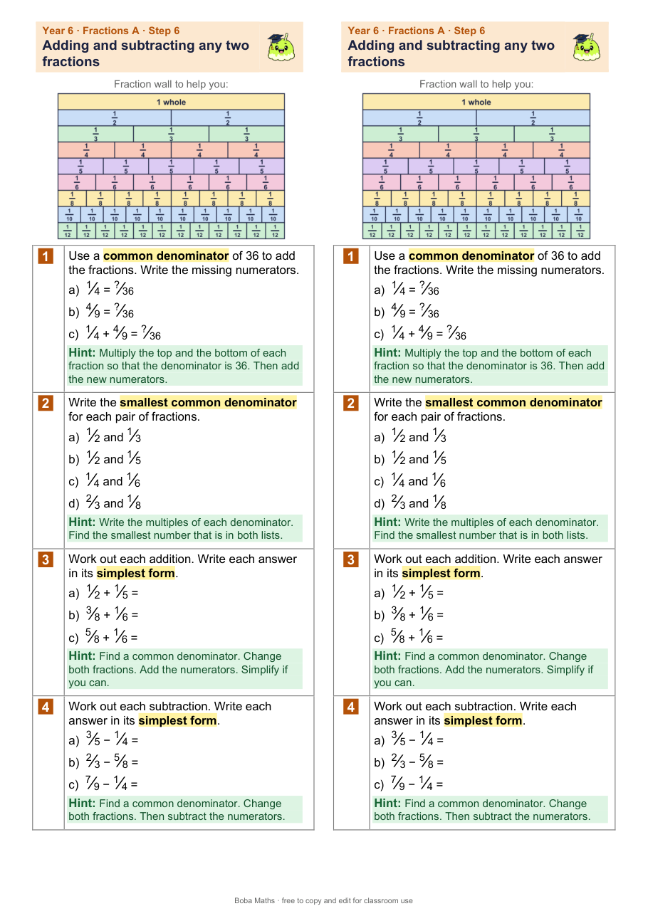 First page of the scaffolded Adding and subtracting any two fractions sheet, printed twice side by side