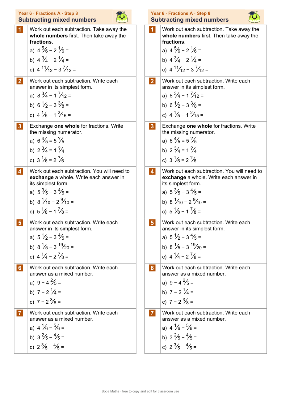 First page of the not scaffolded Subtracting mixed numbers sheet, printed twice side by side