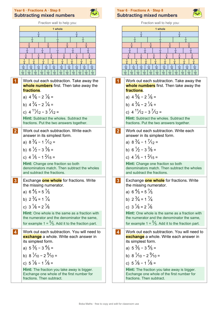 First page of the scaffolded Subtracting mixed numbers sheet, printed twice side by side