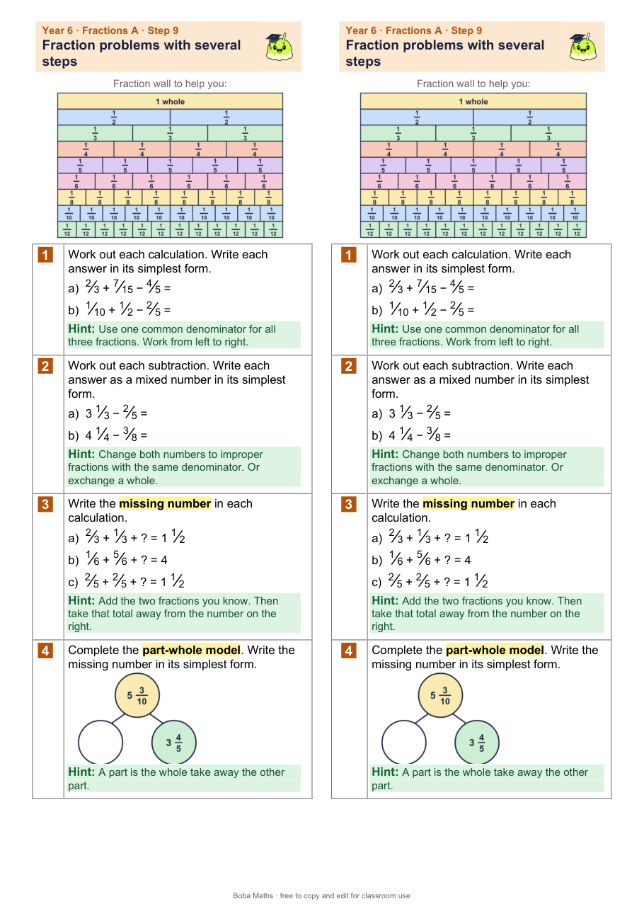First page of the scaffolded Fraction problems with several steps sheet, printed twice side by side