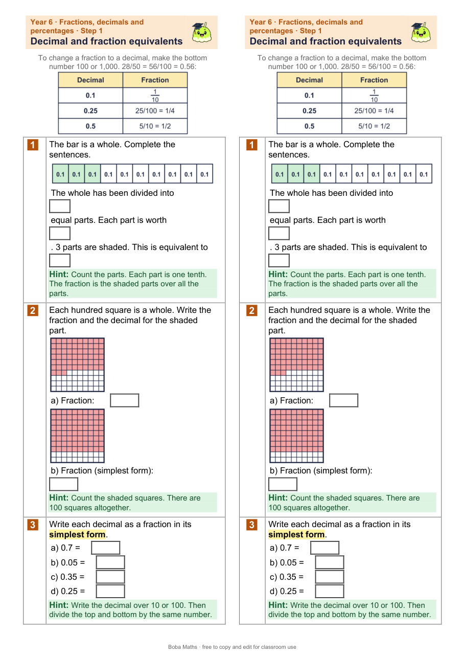 First page of the scaffolded Decimal and fraction equivalents sheet, printed twice side by side