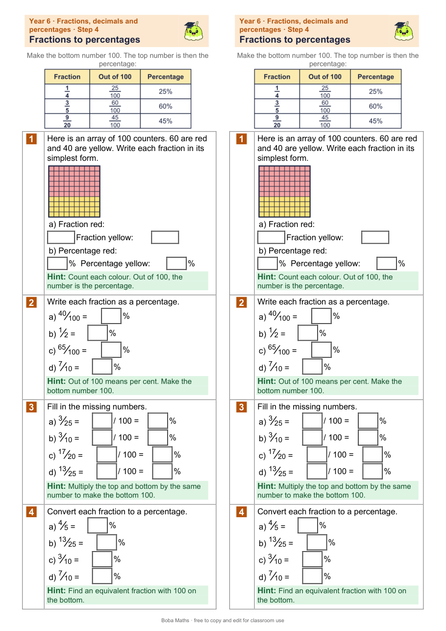 First page of the scaffolded Fractions to percentages sheet, printed twice side by side