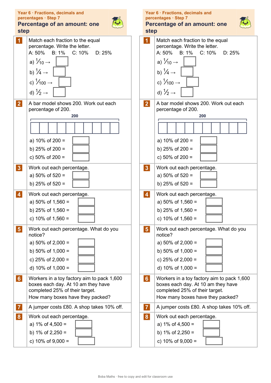 First page of the not scaffolded Percentage of an amount: one step sheet, printed twice side by side
