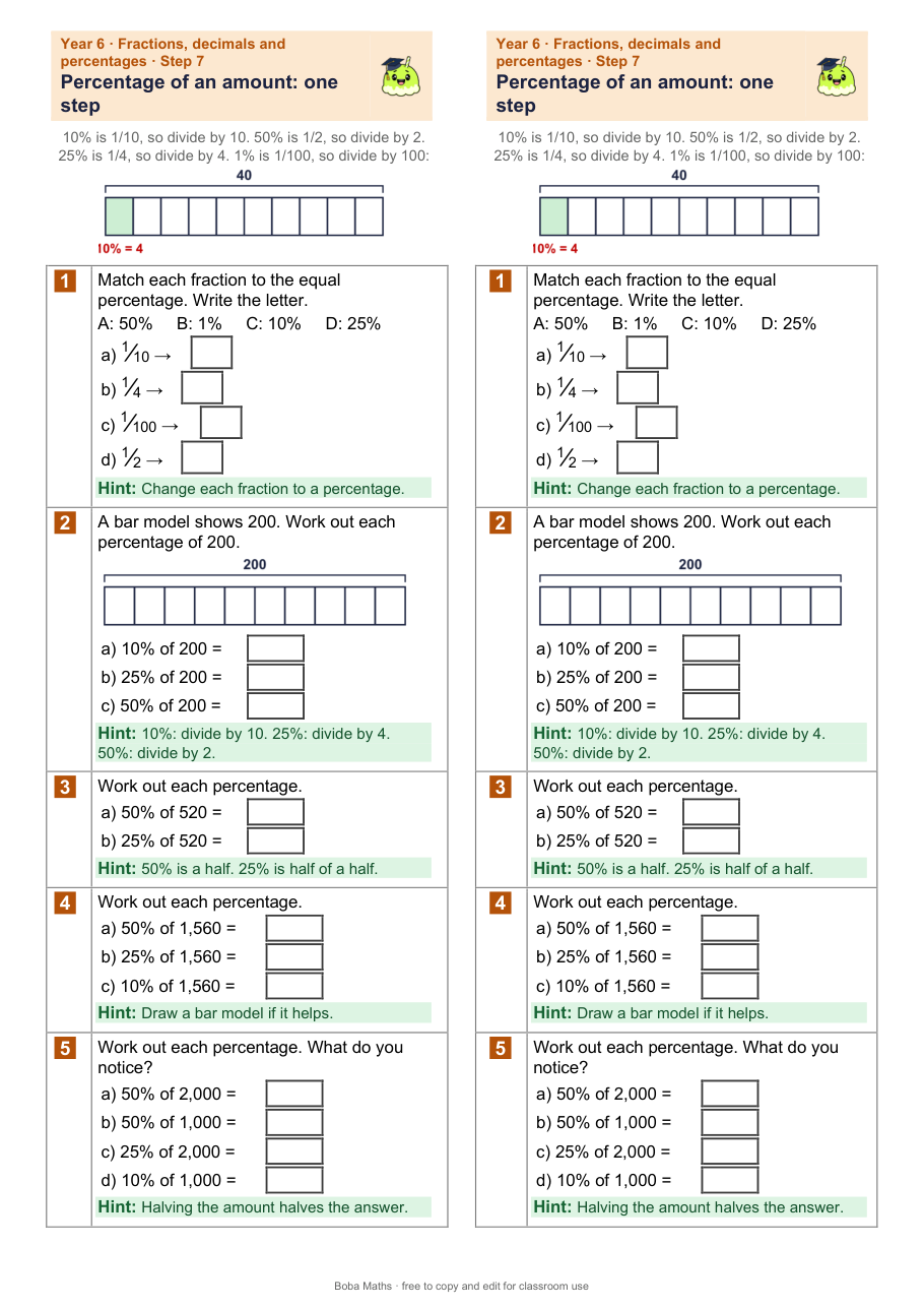 First page of the scaffolded Percentage of an amount: one step sheet, printed twice side by side